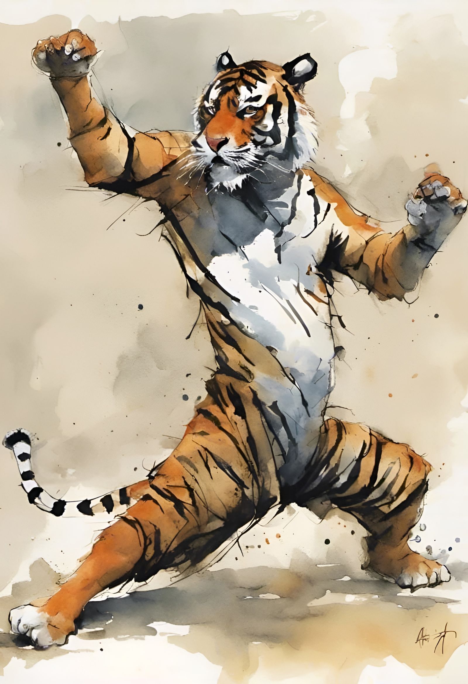 Tiger Kung Fu in Watercolor Style
