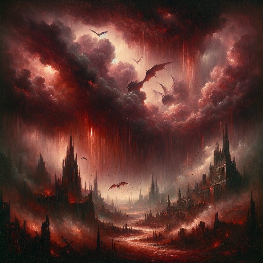 Crimson Tempest Over Ruined Fantasy City With Dragon Silhoue...