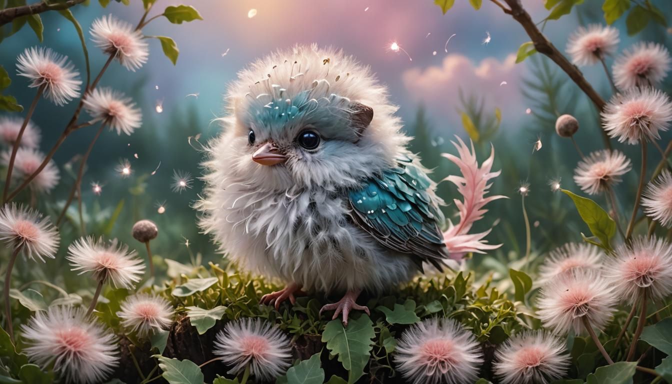 Adorable Fluffy Dandelion Bird in Fantasy Landscape
