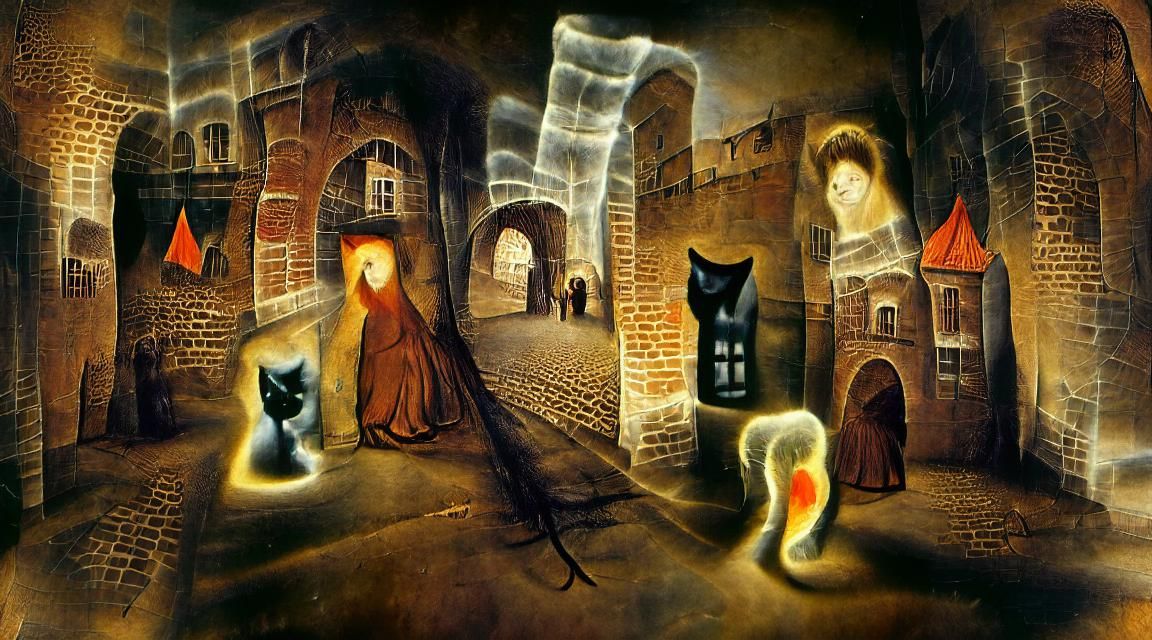 Ghostly Figure in Stone Alleyway: Oil Painting