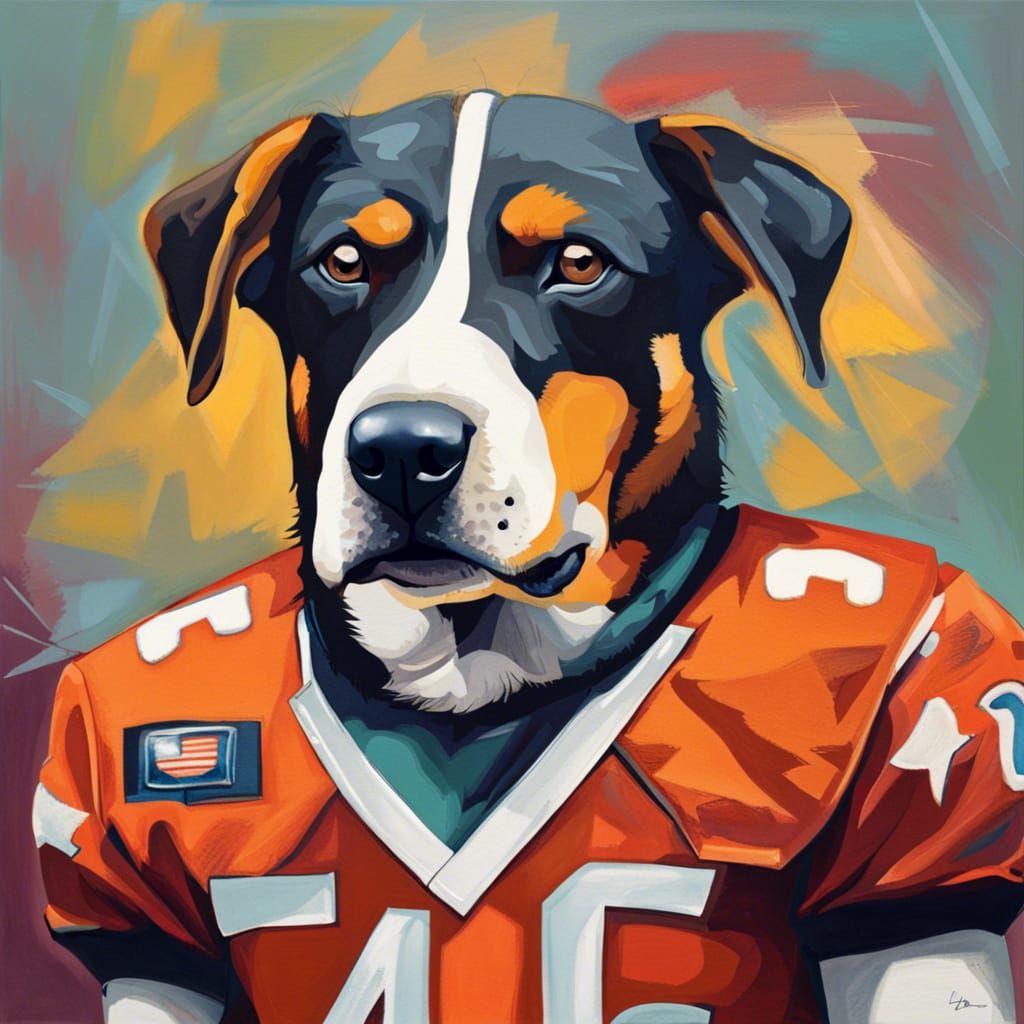 detailed dog in a football uniform, abstract art complementary colors fine details