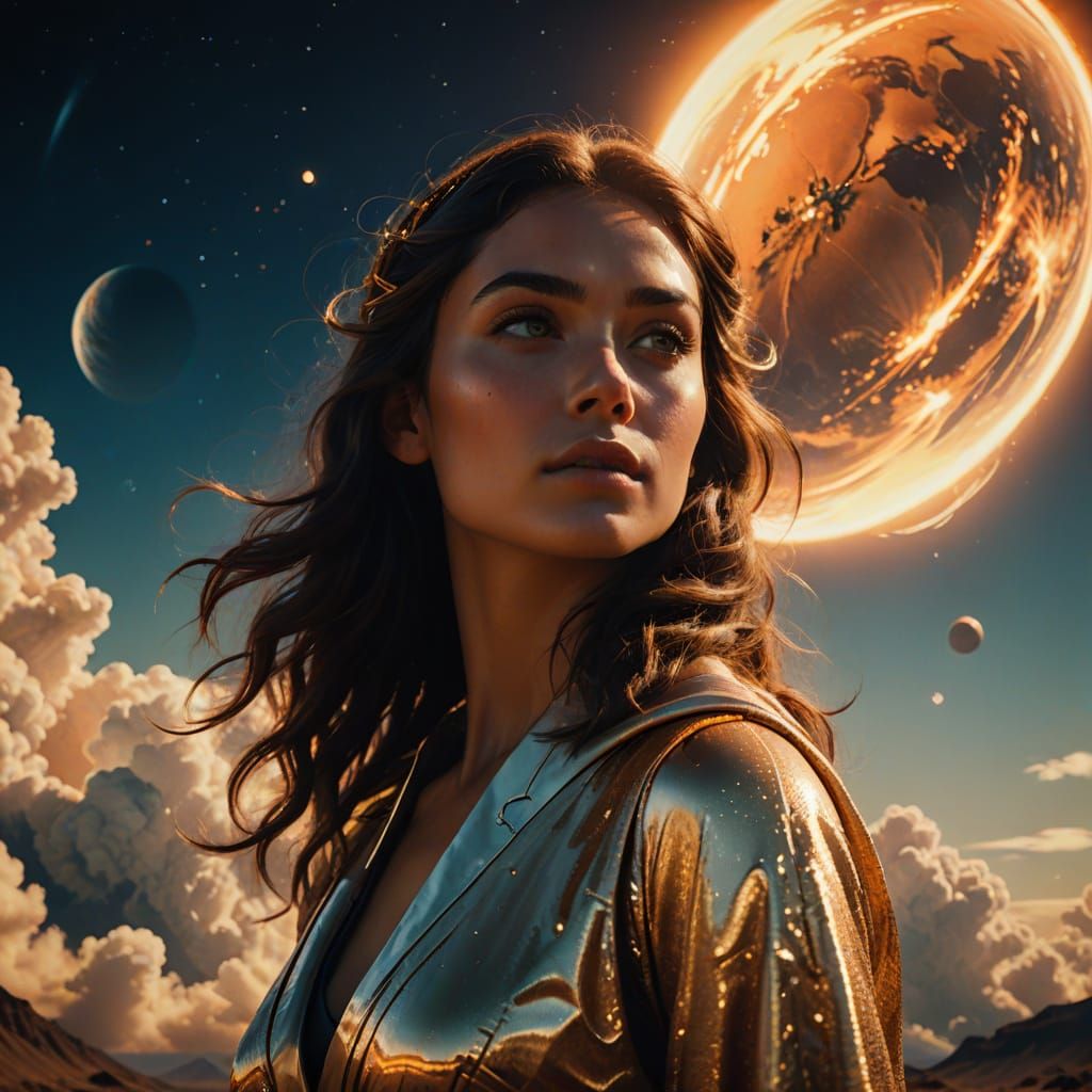 Ethereal Goddess in Golden Hour on a Distant Planet