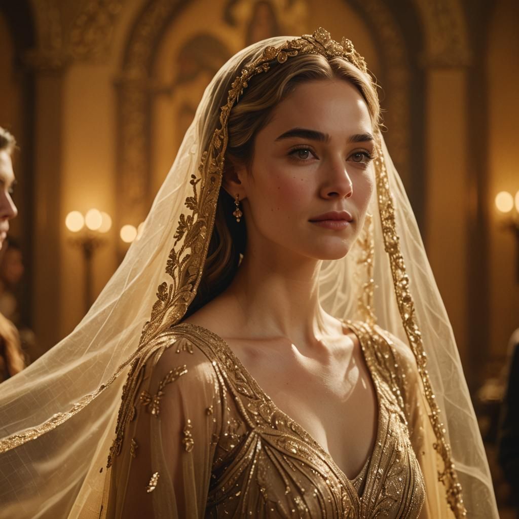 Woman in Gown with Golden Backdrop, Cinematic Lighting