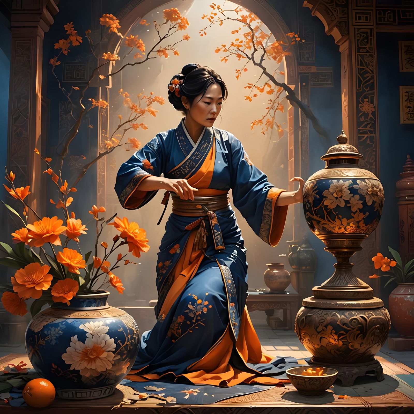 Asian Mother Disciplines Son, Fantasy Concept Art