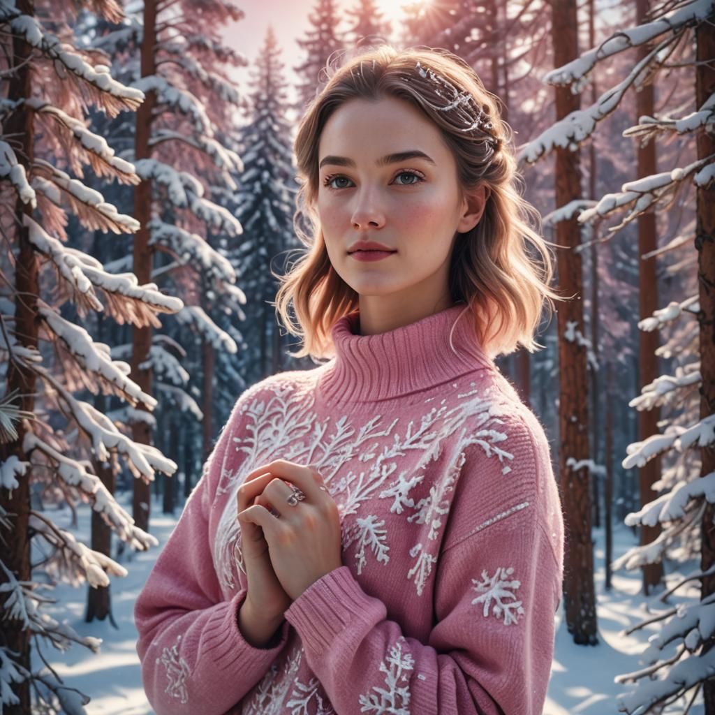 Pink Sweater in Winter Landscape, Digital Matte Painting