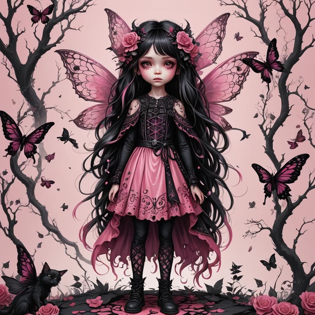 Pink and Black Gothic Fairy Child Illustration