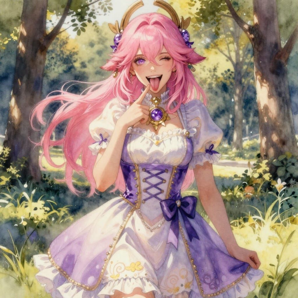 Pink Haired Woman Winking in Watercolor Style