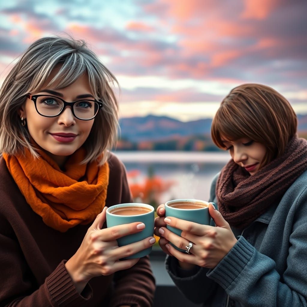 Two Women Enjoy Coffee by a Majestic Lake in Impressionist S...