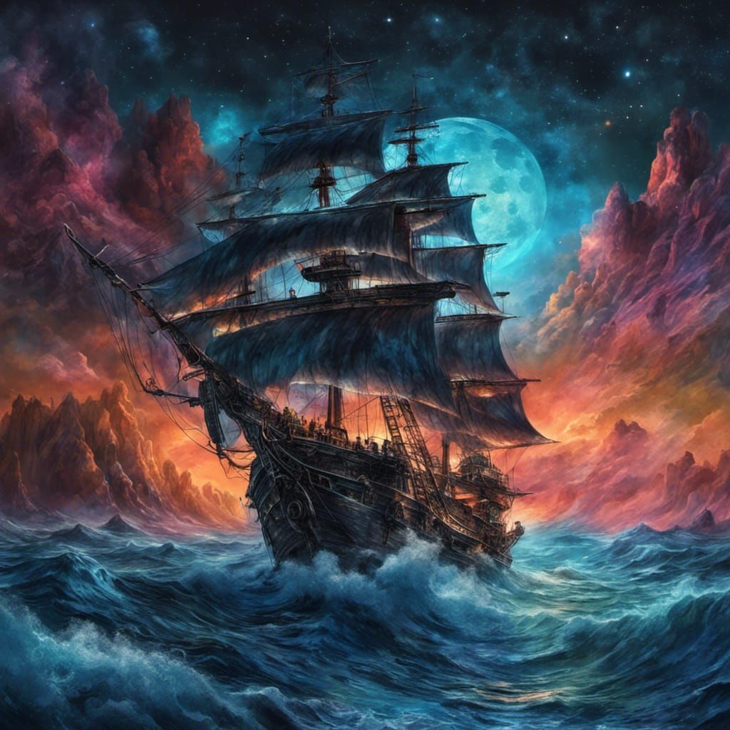 Mystical Pirate Ship Sailing a Cosmic Sea