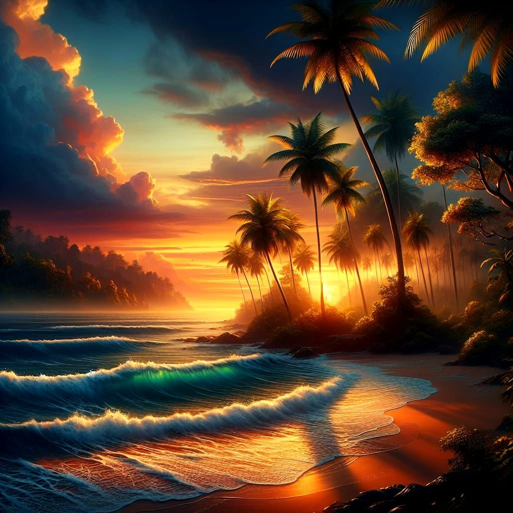 Tropical Beach Sunset in Matte Painting Style
