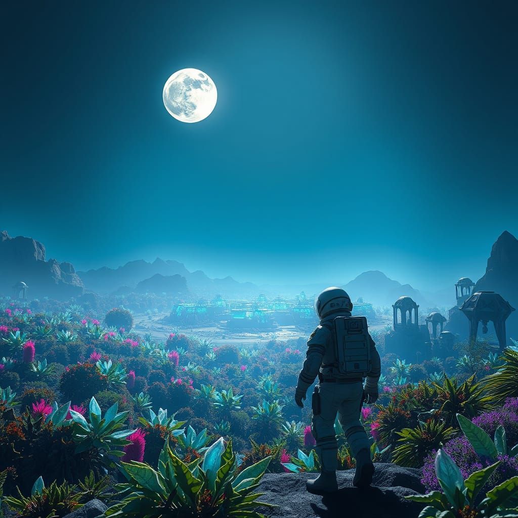 Astronaut Explores Alien Jungle Under Twin Moons