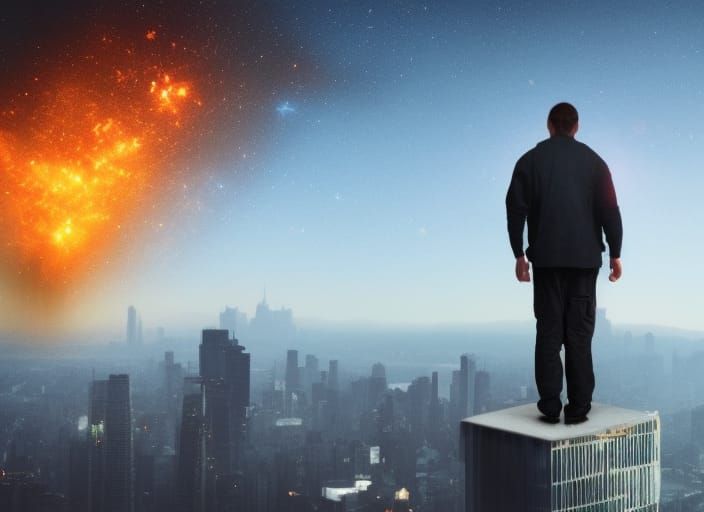 Cyberpunk Man Watches Meteor from Skyscraper