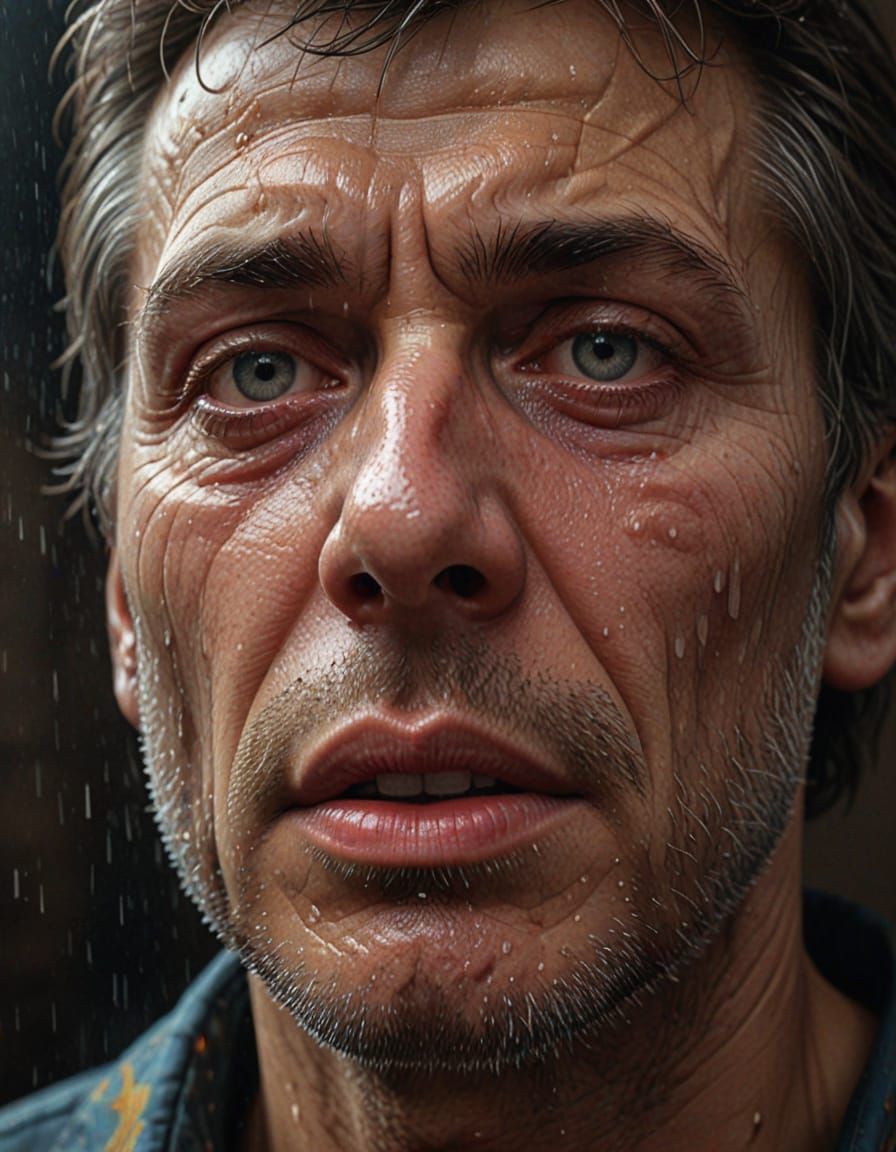Hyper-Realistic Portrait of a Crying Man in Dramatic Chiaros...