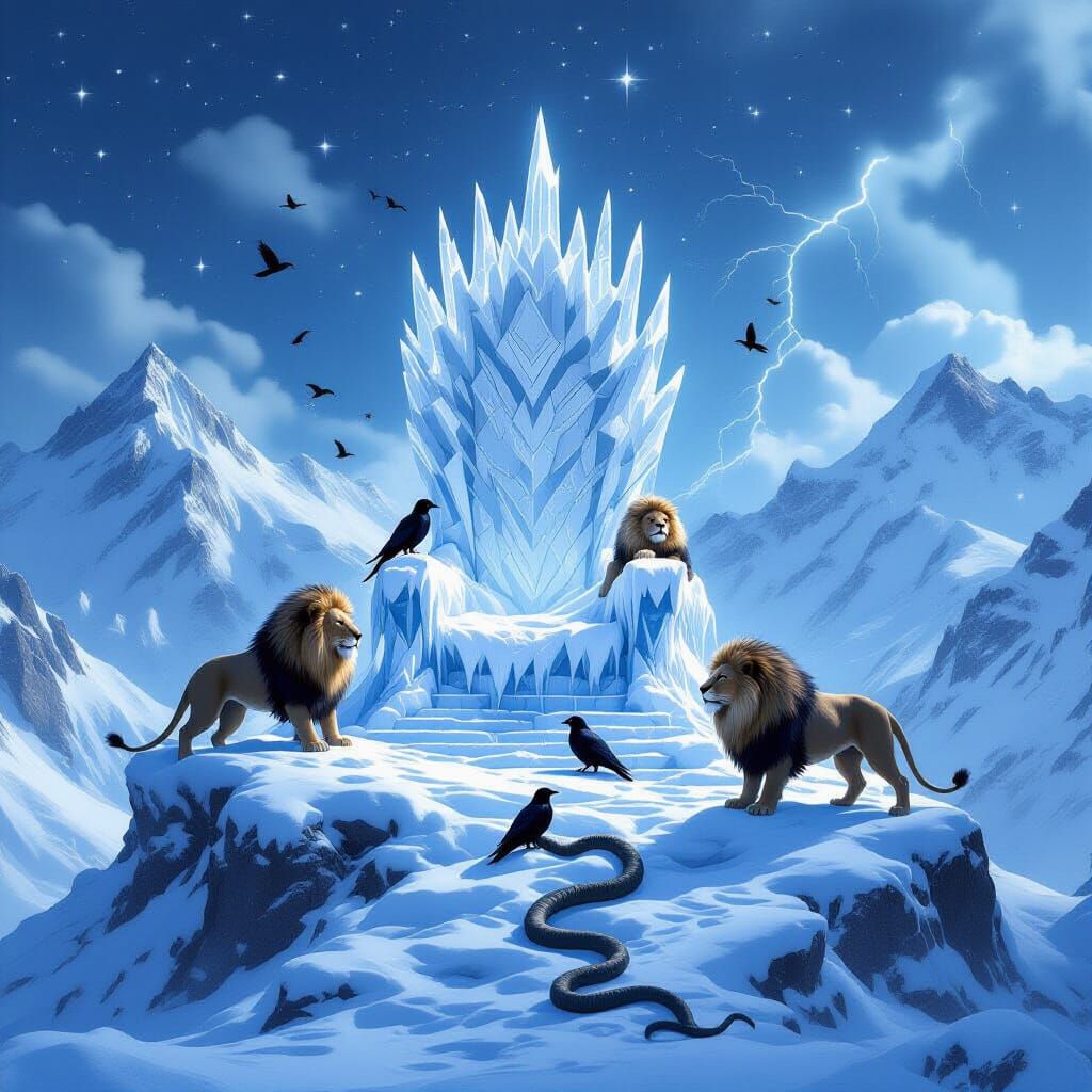 Majestic Ice Throne Guarded by Lions and Crows in Winter
