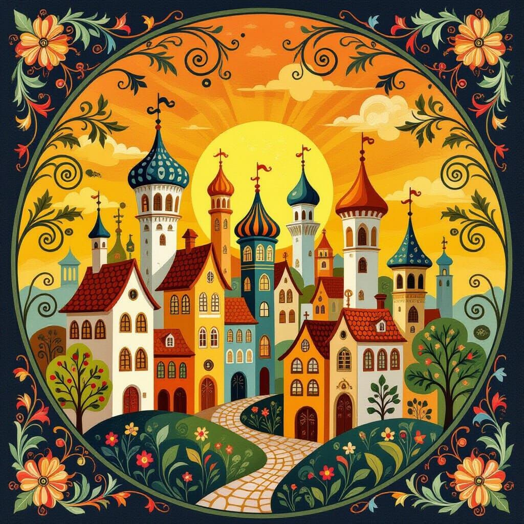 Folk Art Nouveau Cityscape at Golden Sunset