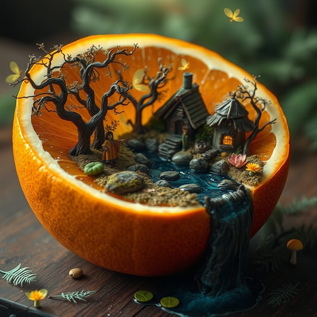 Miniature Autumn Fantasy World Inside Orange