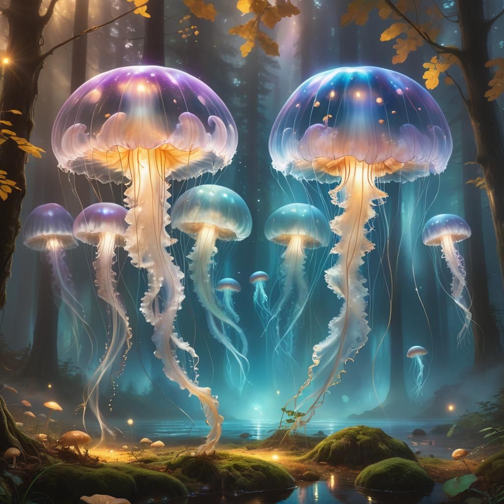 Luminescent Jellyfish Forest in Ethereal Lighting