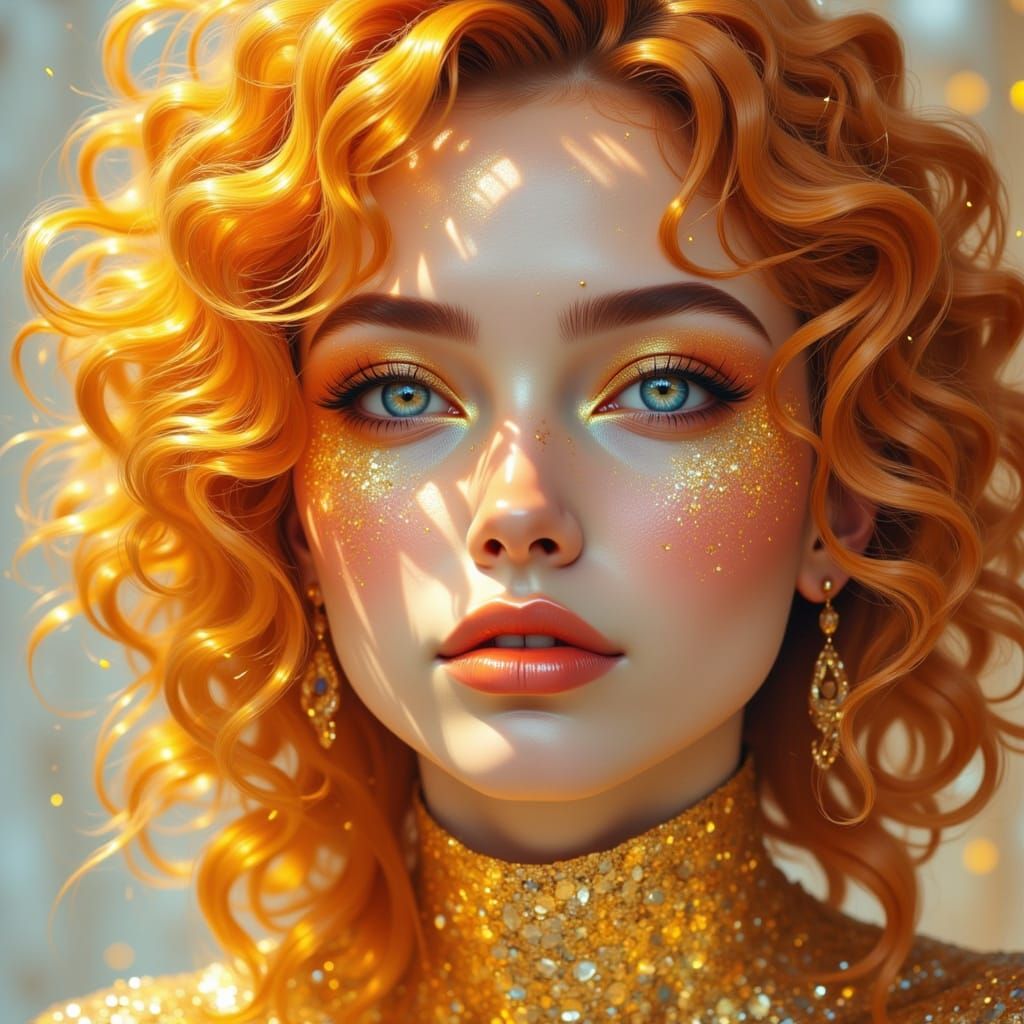 Golden Woman Portrait with Holographic Shimmer