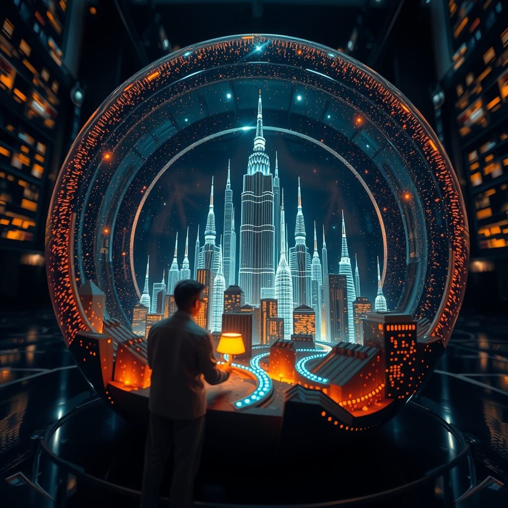 Futuristic City Inside Glowing Orb with LED Lights