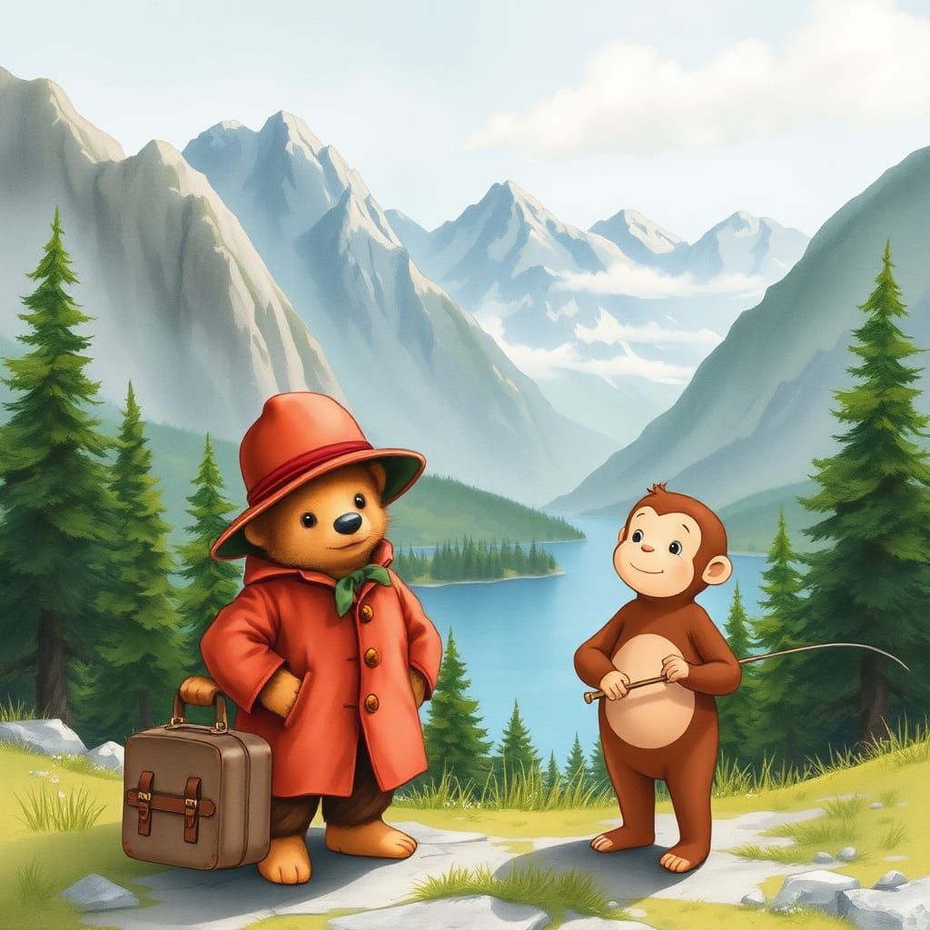 Paddington and George in Swiss Alps, Watercolor