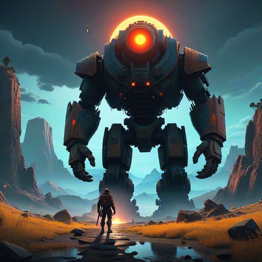 Eclipse of the Colossus in Cyberpunk Fantasy Style