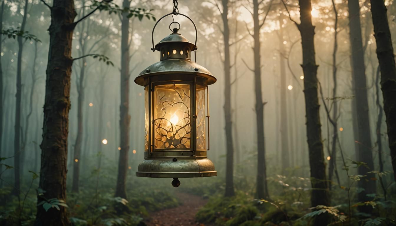 Lantern Emitting Light in Misty Forest as Oil Painting