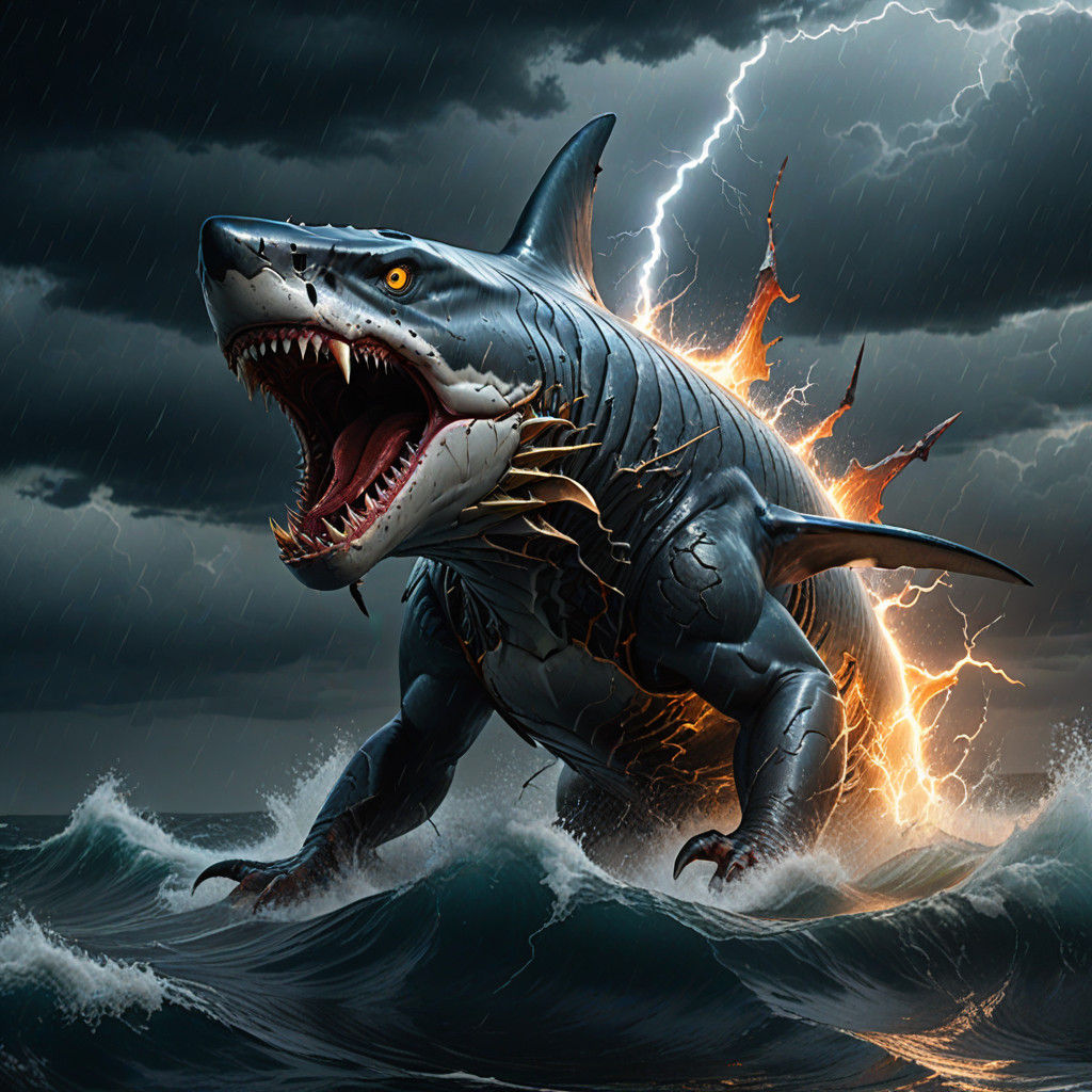 Shark-Eagle Hybrid Emerges from Turbulent Sea in Dark Fantas...