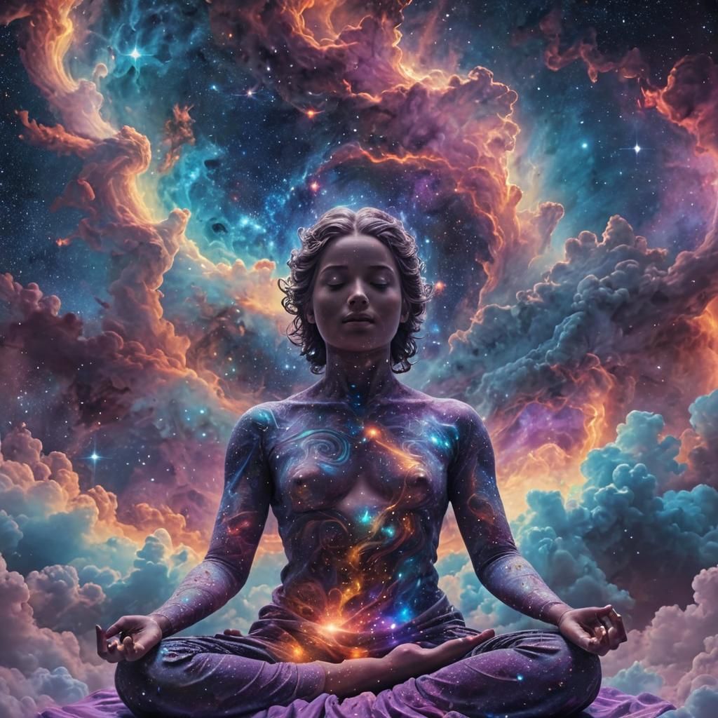 Cosmic Surrealism: Meditating Figure in Astral Plane