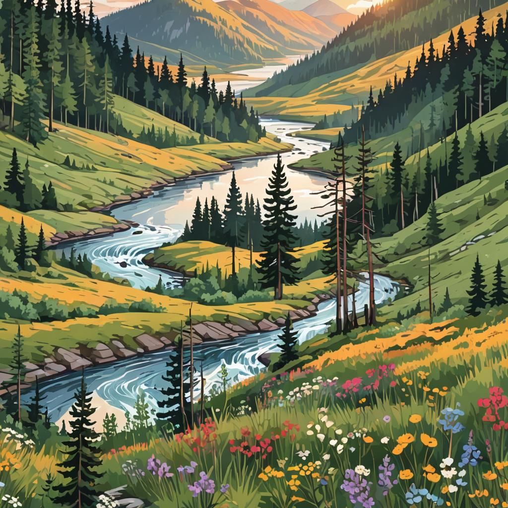 forest with pine trees and birch trees, wild flowers, river,...