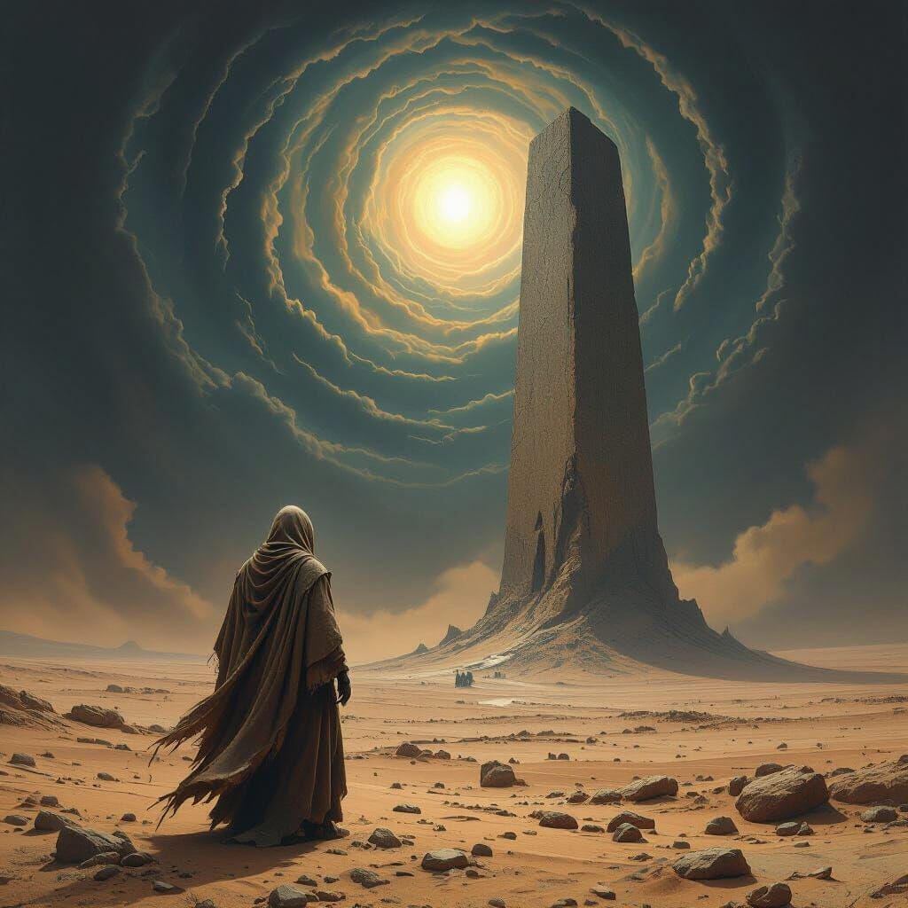 Dark Fantasy Wanderer Gazing at Monolith