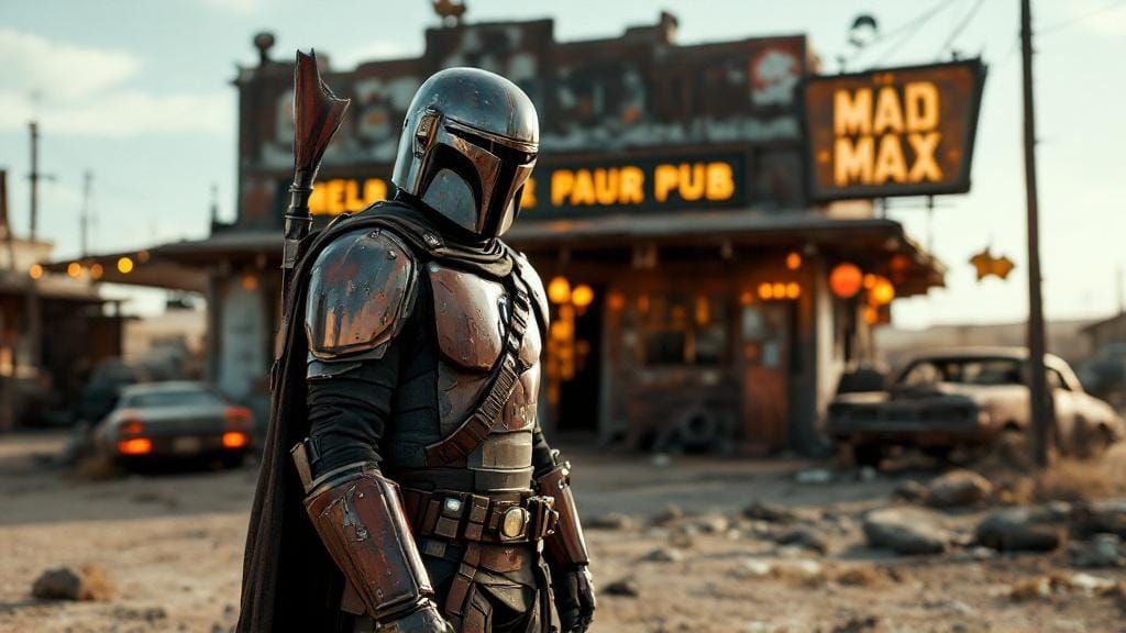 Mandalorian at Mad Max Pub: Cinematic Film Still