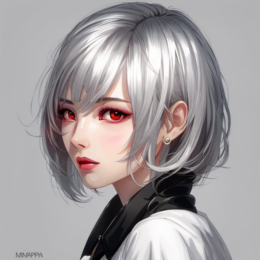 Anime Girl Portrait with Silver Hair and Ruby Eyes