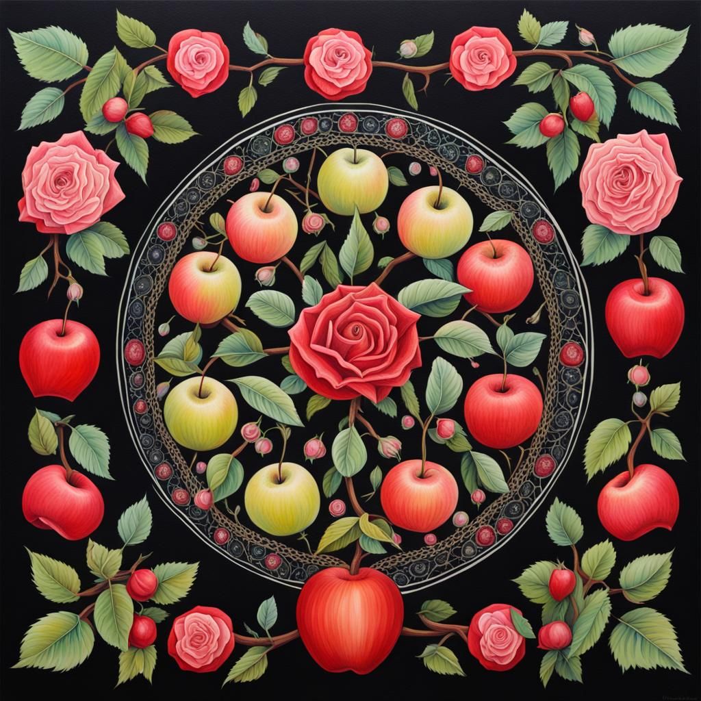 Detailed Gouache Mandala of Apples and Roses
