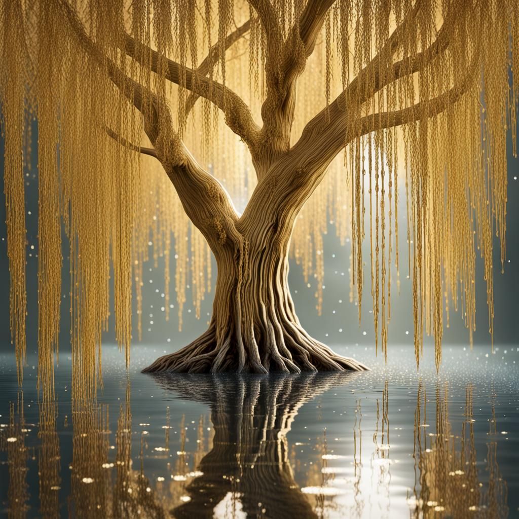 Golden Willow Tree Surrounded by Crystals