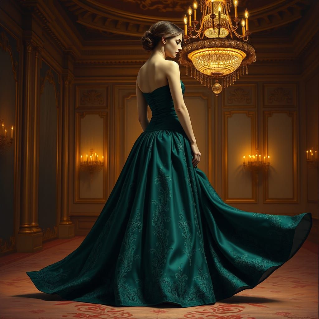 Elegant Emerald Gown in Romantic Oil Painting Style