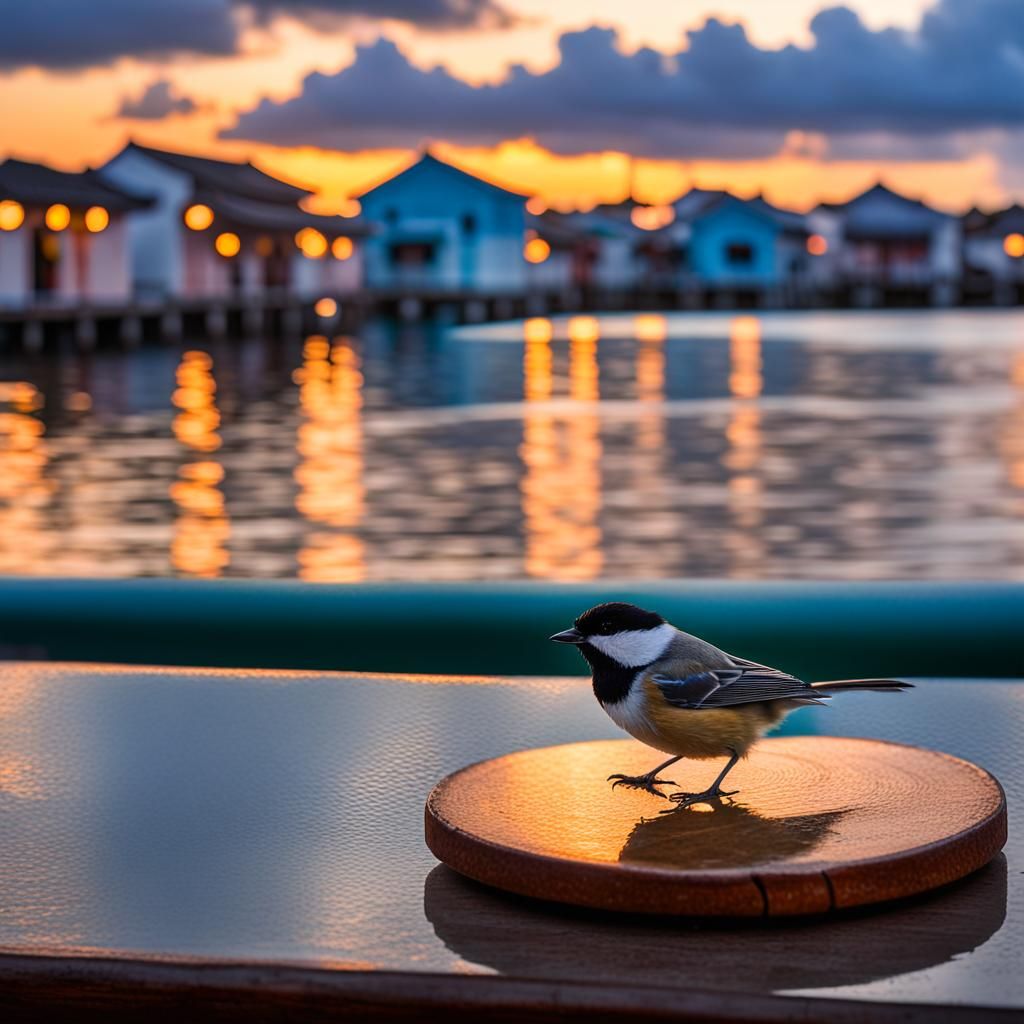 Chickadee at Sunset in Hoi An: Hyperrealistic Bird Photograp...
