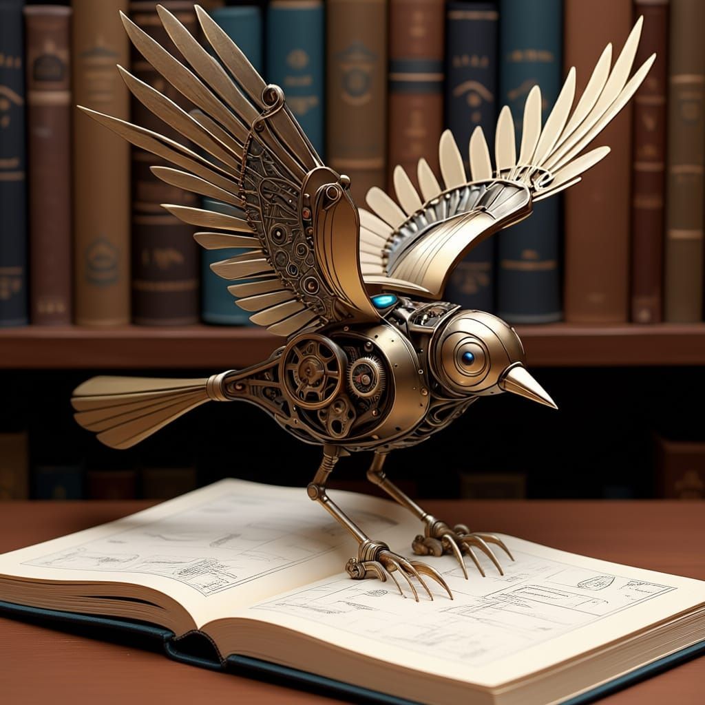 Steampunk Mechanical Bird in Antique Library