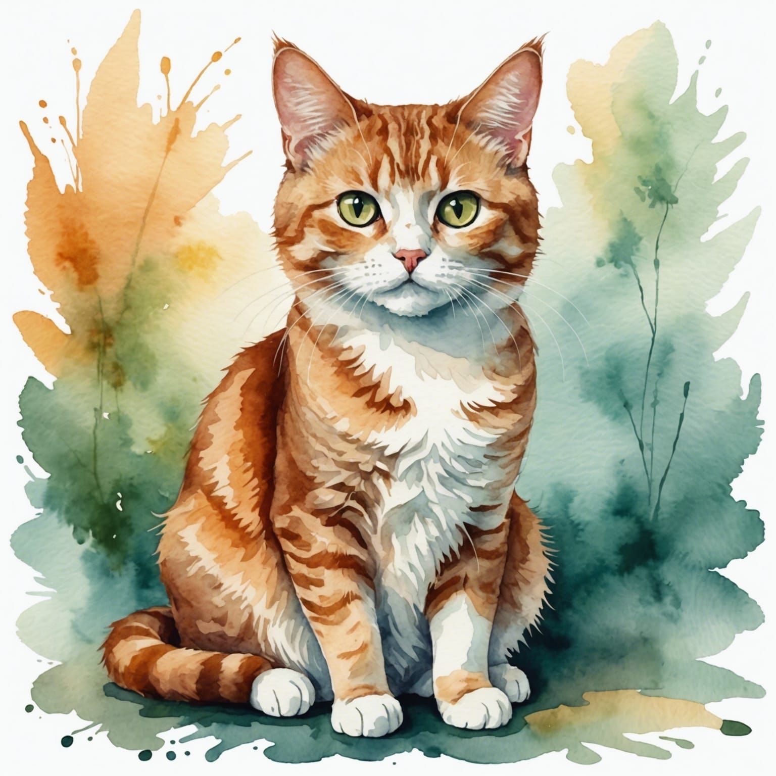 Watercolor Ruby Cat with Milky Eyes