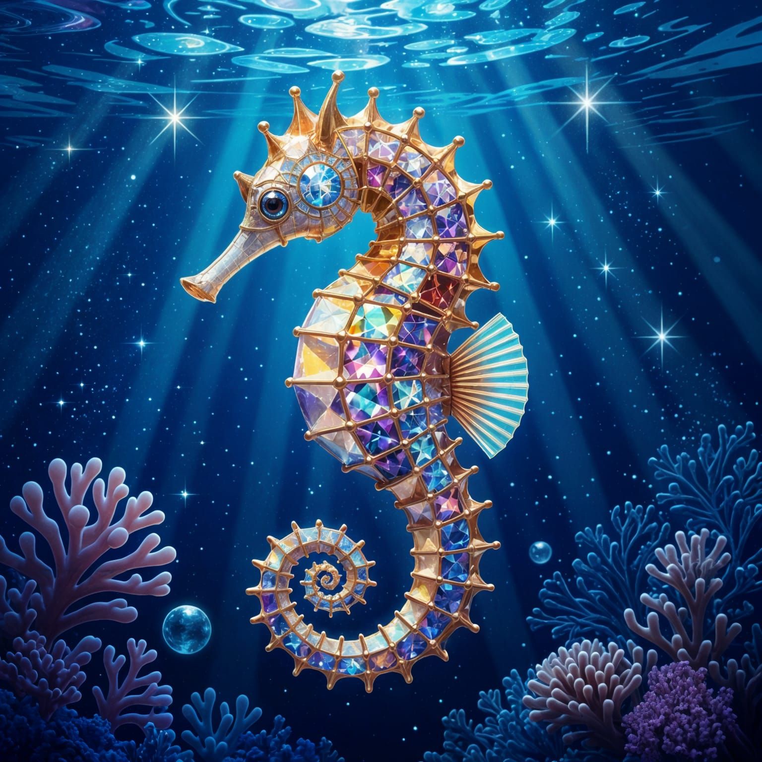 Holographic Seahorse in Sapphire Sea, Astral Illustration