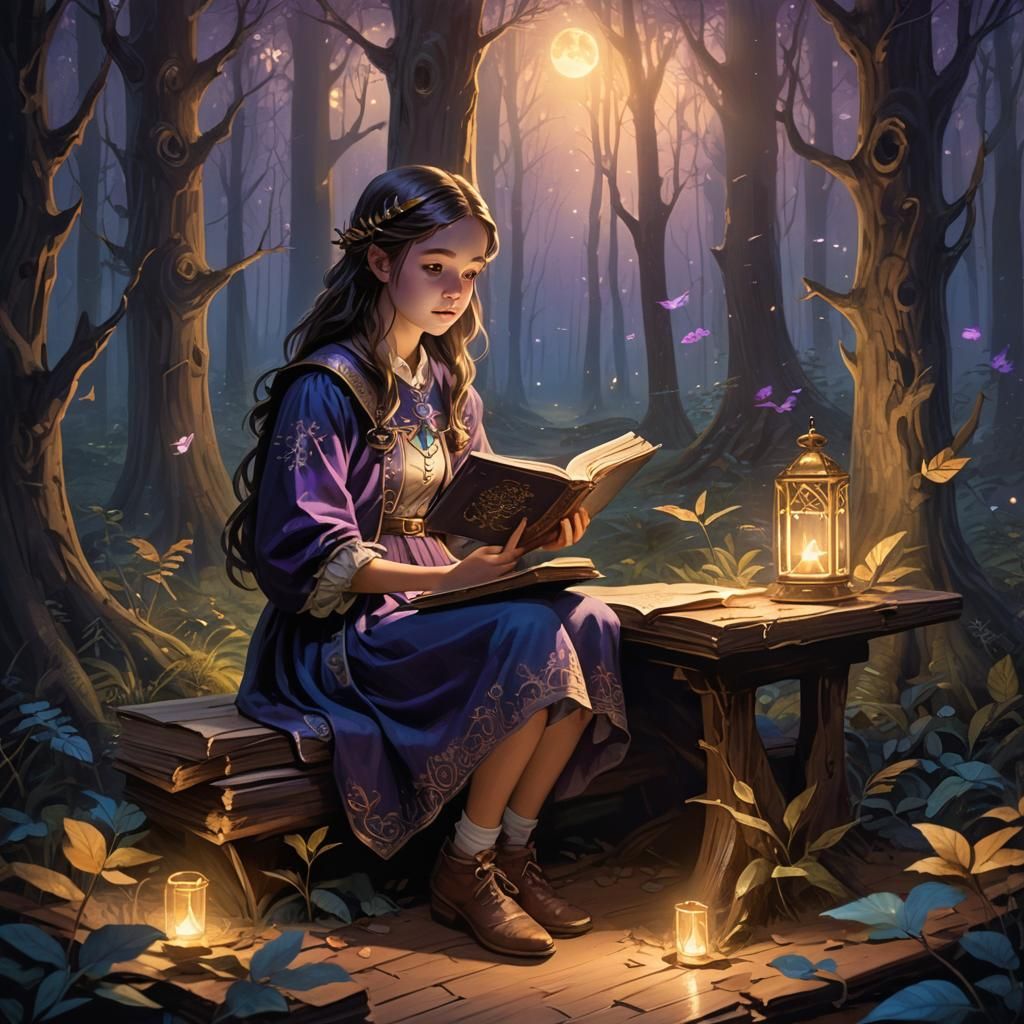 Mystical Forest Girl with Book: Fantasy Art