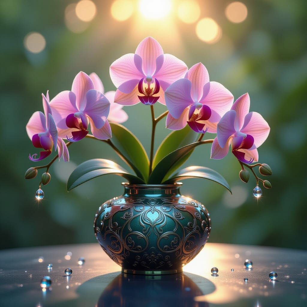 Orchids in Sculpted Vases: Botanical Art