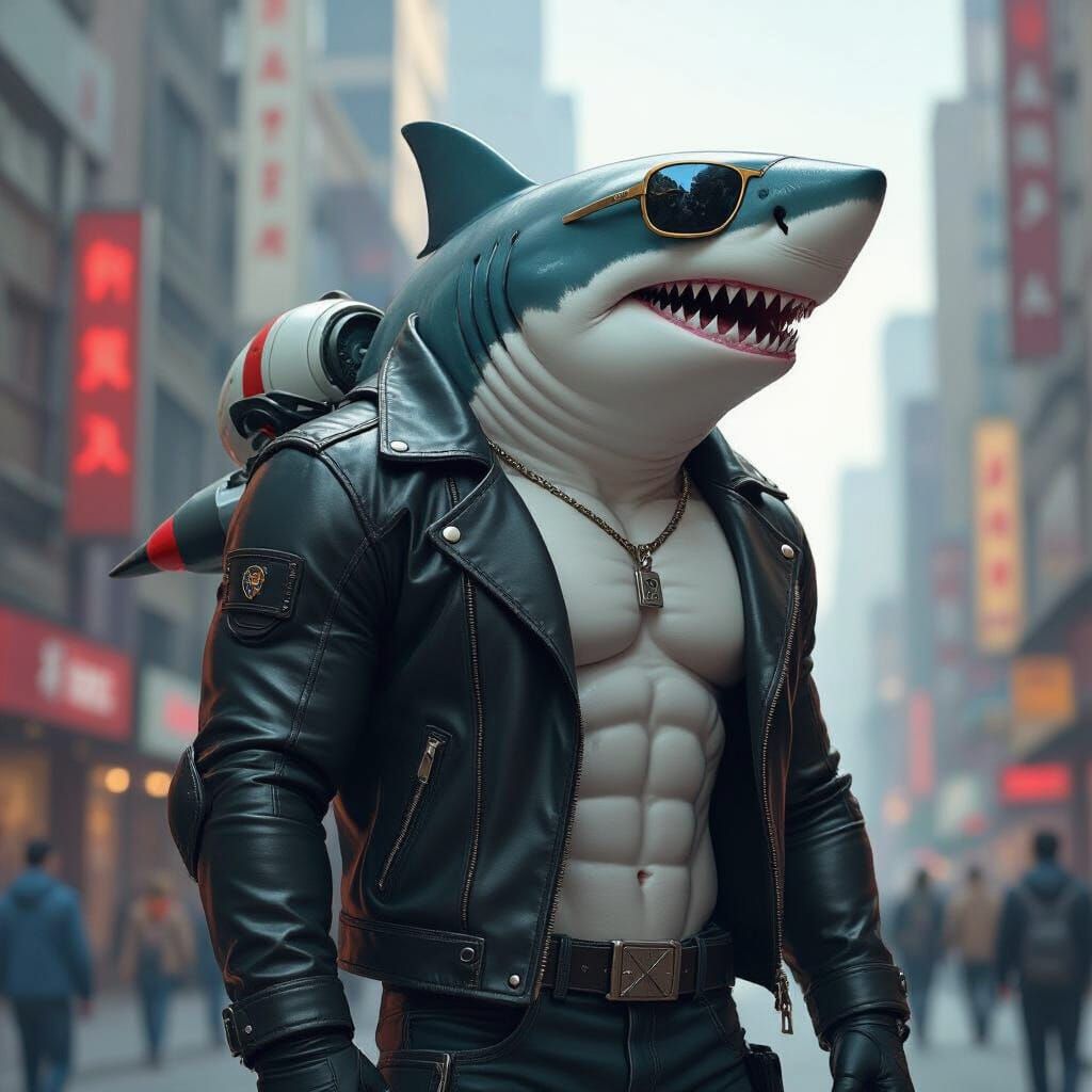 Anthropomorphic Shark Superhero in Cityscape