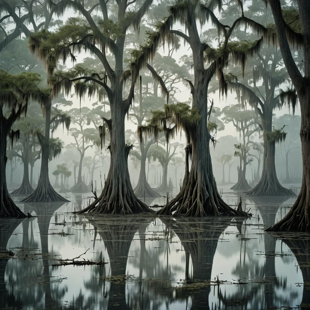 Ethereal Cypress Swamp at Dawn in Mysterious Realism