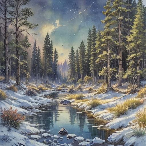 Snowy Mountains Reflect in Frozen Lake: Watercolor