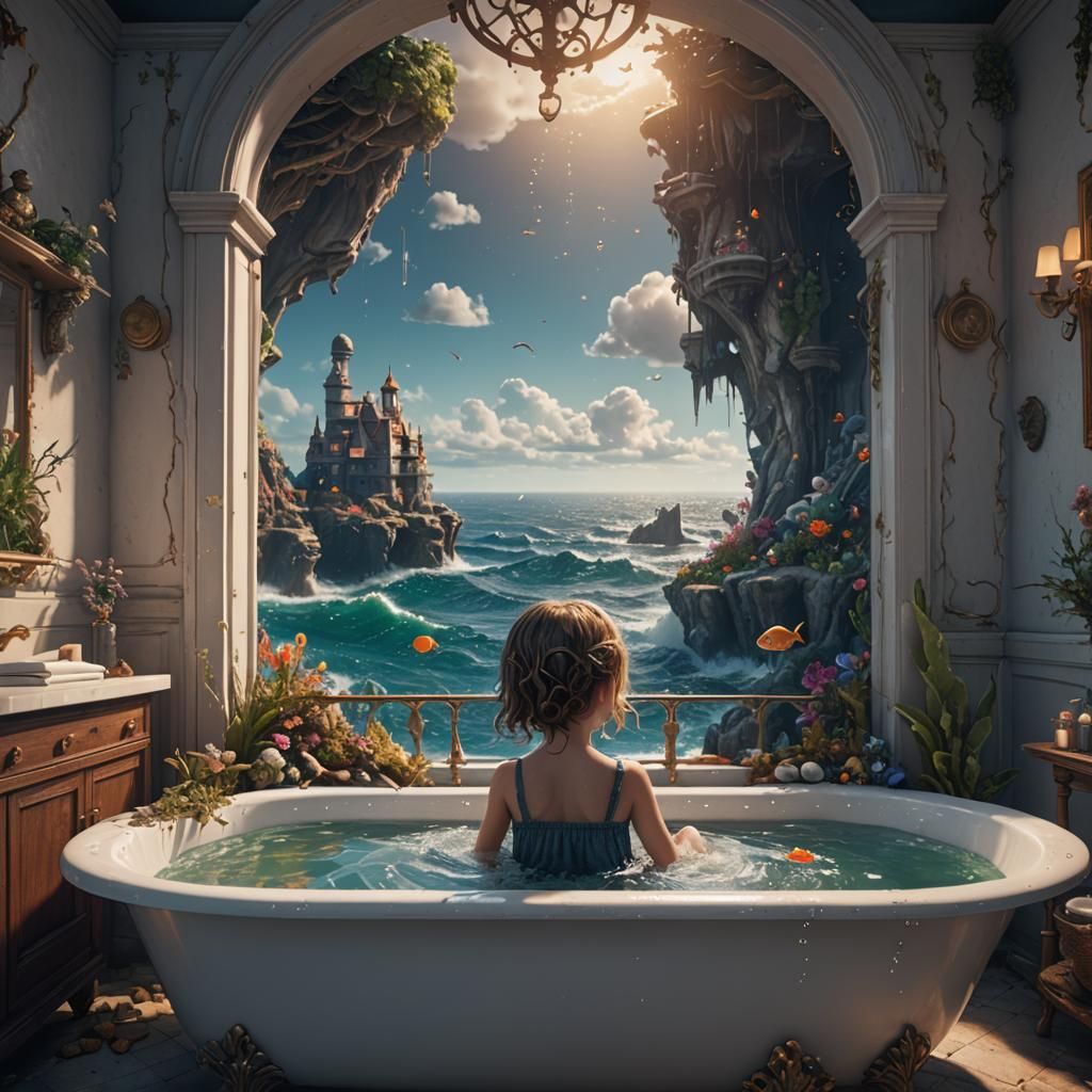 Girl in Tub Gazing at Sea Wonders