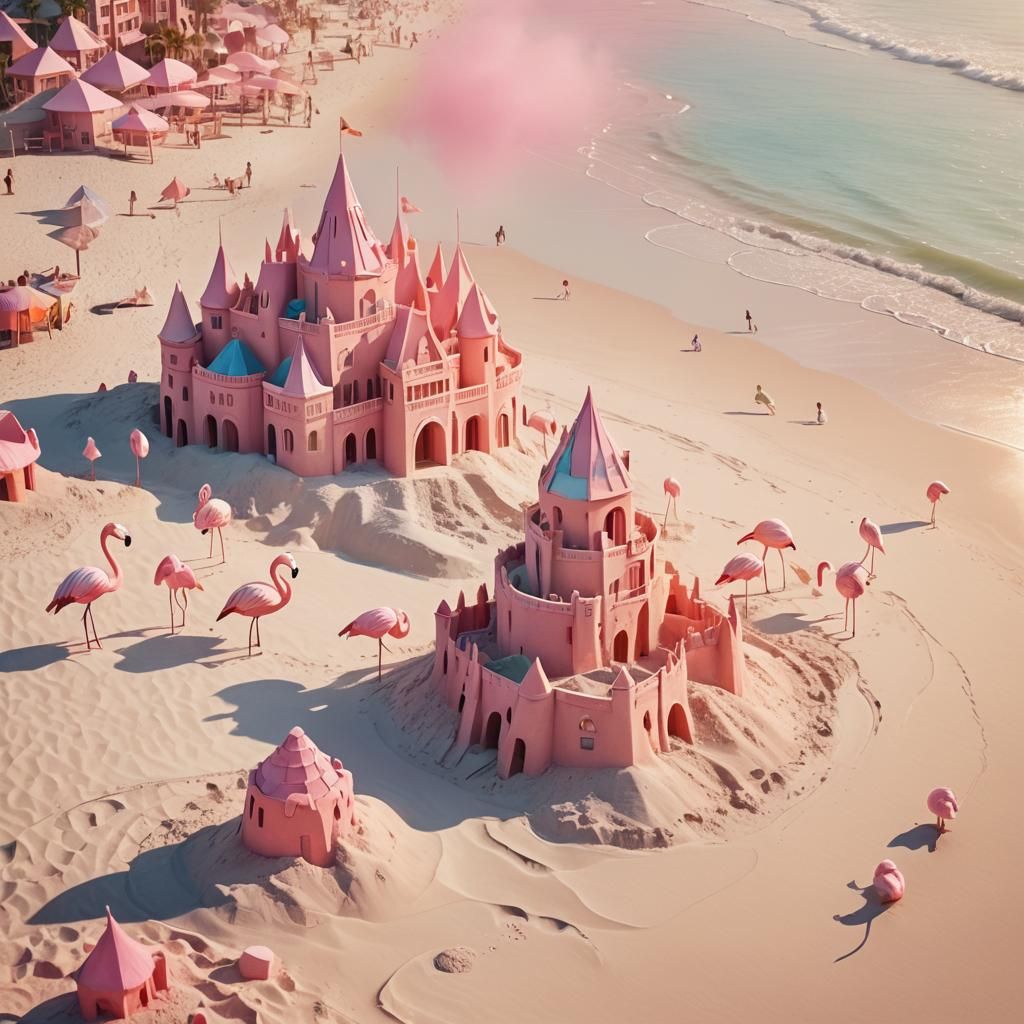 Girls Build Sandcastle Flamingo Hotel: Pastel Watercolor