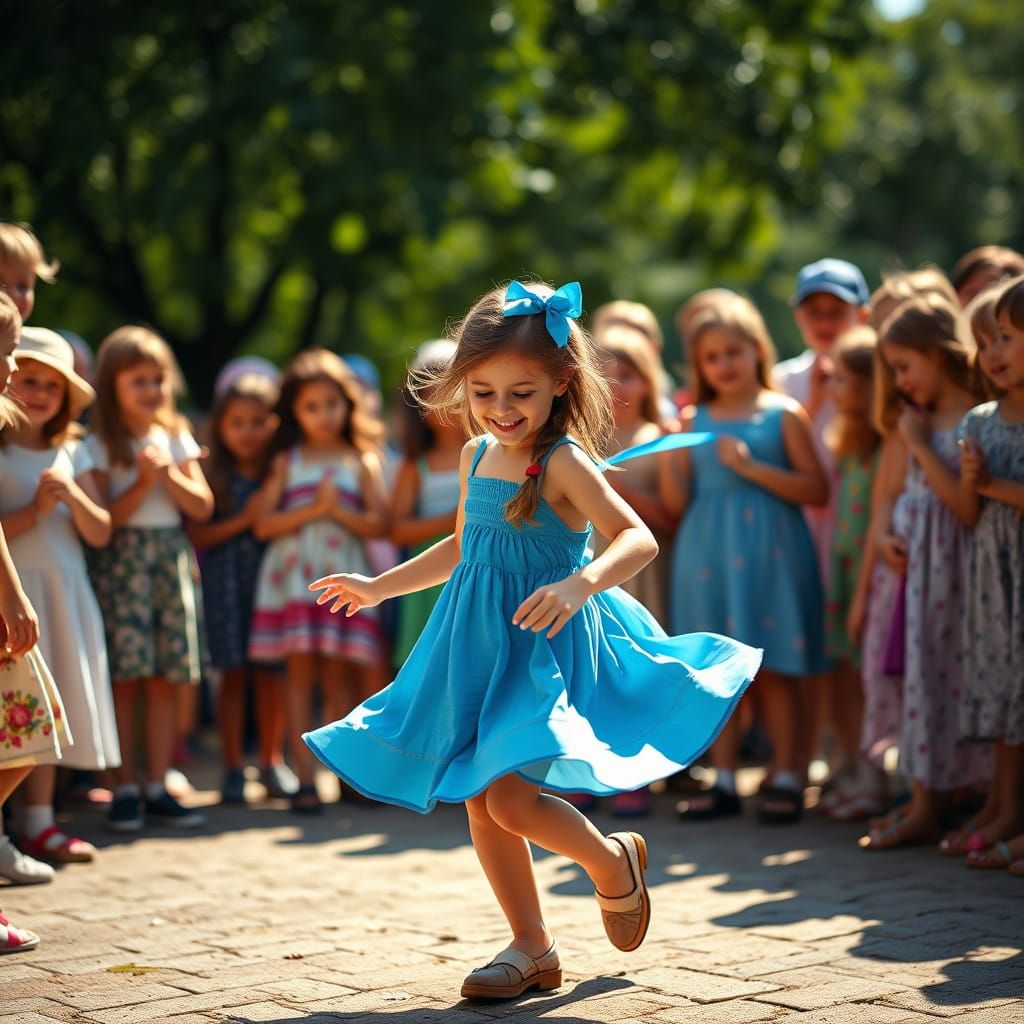 Joyful Girl in a Bright Blue Sundress Twirls Amidst Children...