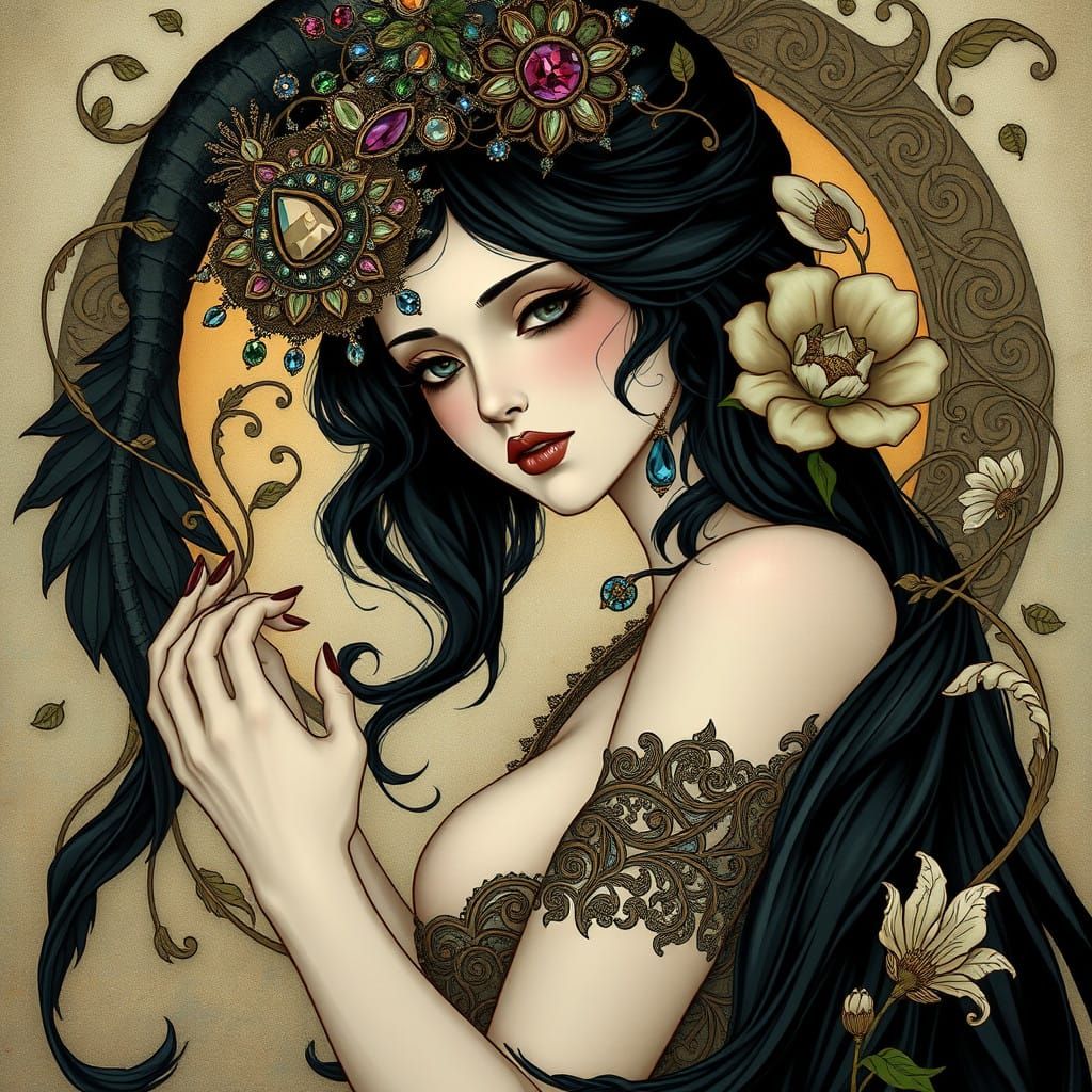 Ethereal Art Nouveau Portrait of a Mystical Goddess