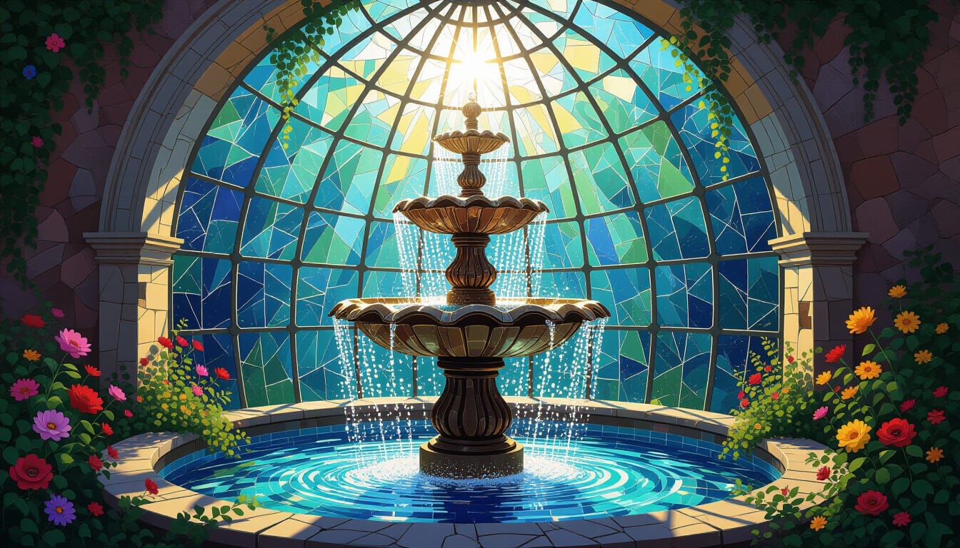 Colorful Fountain Under Shattered Mosaic Dome
