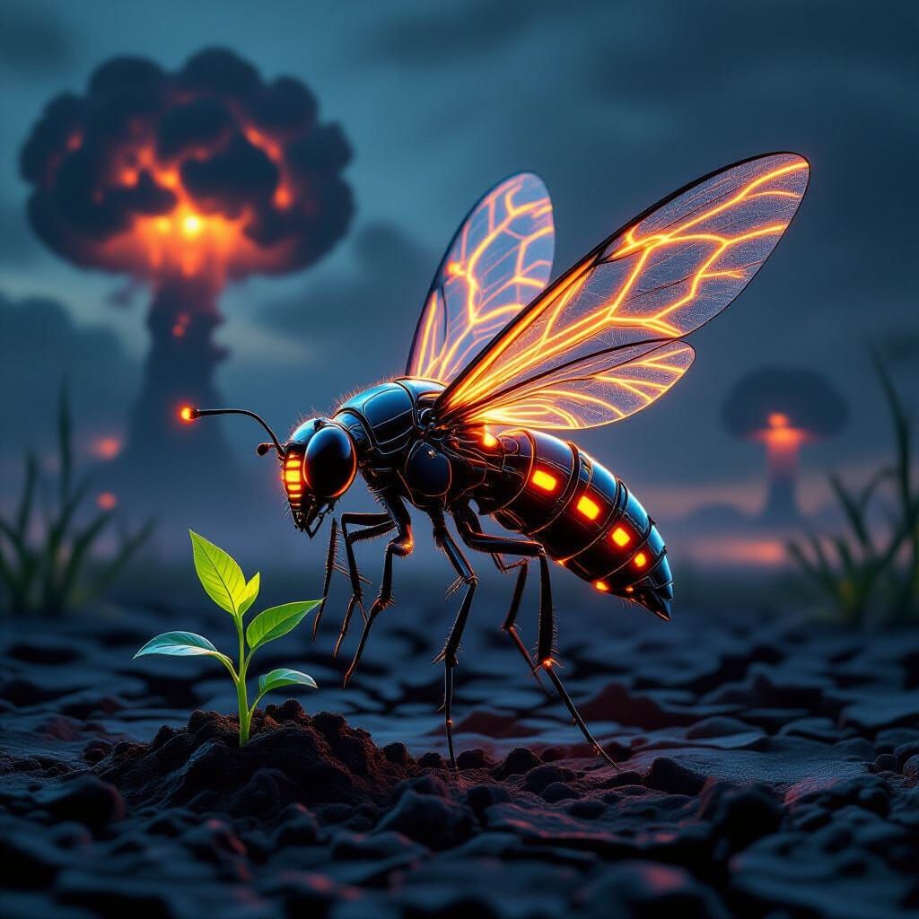 Biomechanical Firefly in Post-Apocalyptic Landscape